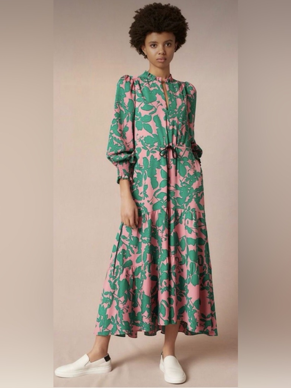 ME+EM Leaf-print Tiered Maxi Dress Pink and Green